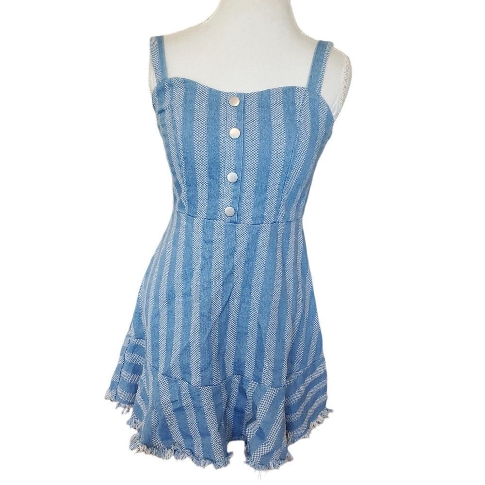 Umgee Blue‎ Denim Chambray Boho Sundress Mini 6 Frayed
